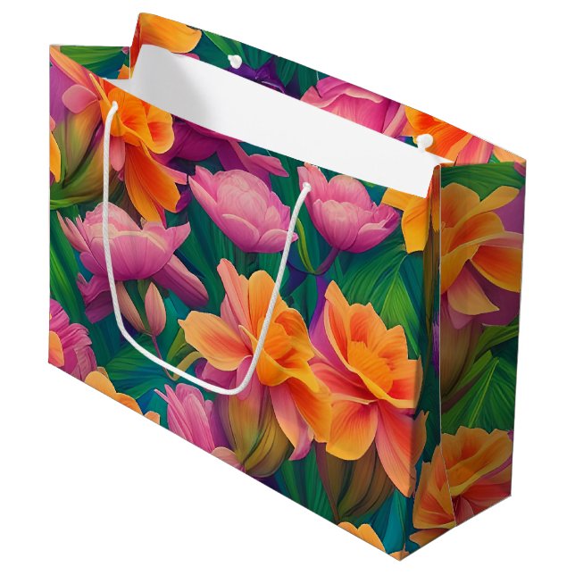 Hawaiian Tropical Flower Pattern Large Gift Bag (Front Angled)