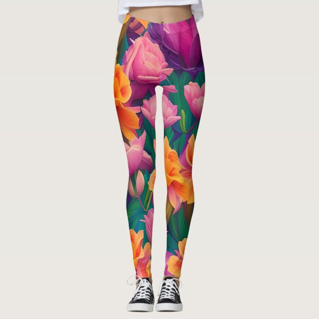 Hawaiian Tropical Flower Pattern  Leggings (Front)