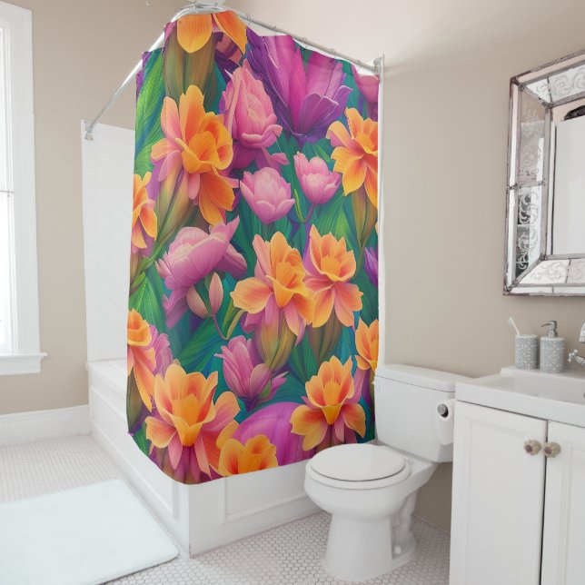 Hawaiian Tropical Flower Pattern  Shower Curtain (In Situ)