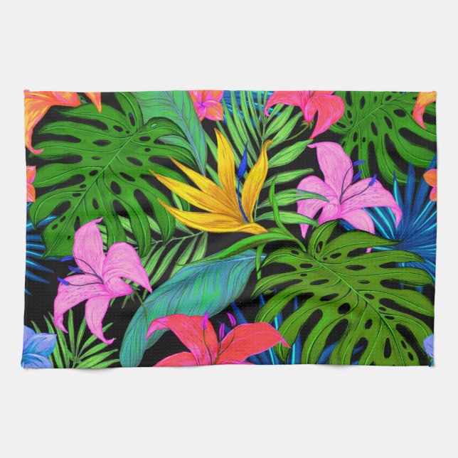 Hawaiian Tropical Flower Pattern Tea Towel (Horizontal)