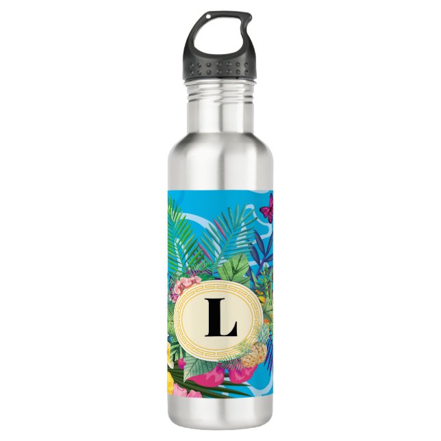 Hawaiian Tropical Flowers And Butterflies Monogram 710 Ml Water Bottle (Front)