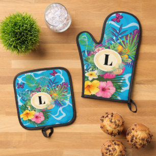 Hawaiian Tropical Flowers And Butterflies Monogram Oven Mitt & Pot Holder Set