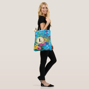 Hawaiian Tropical Flowers And Butterflies Monogram Tote Bag