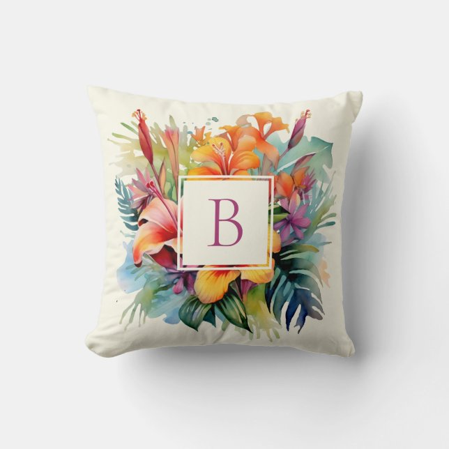 Hawaiian Tropical Flowers Monogram  Cushion (Front)