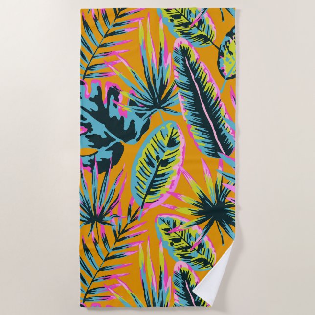 Hawaiian Tropical Leaves And Plants Print Pattern Beach Towel (Front)