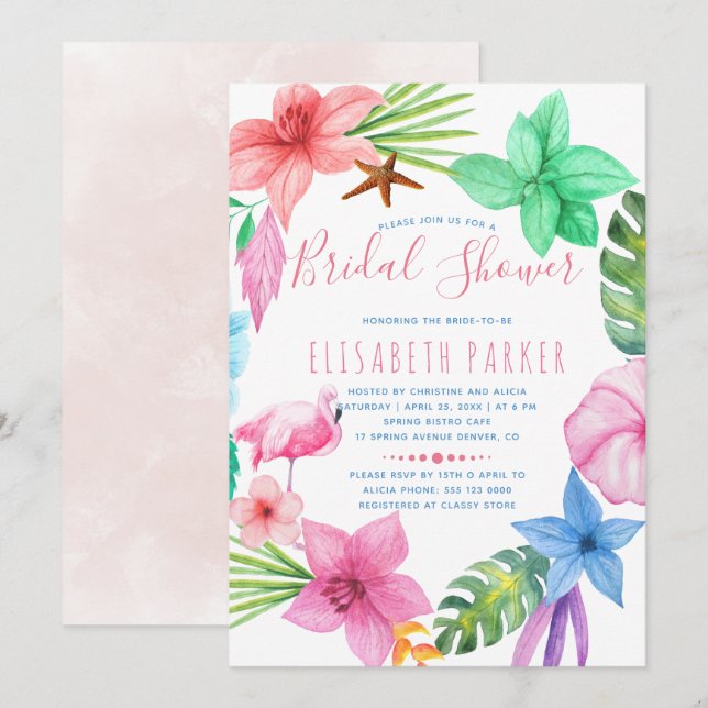 Hawaiian tropical pink floral wreath bridal shower invitation (Front/Back)