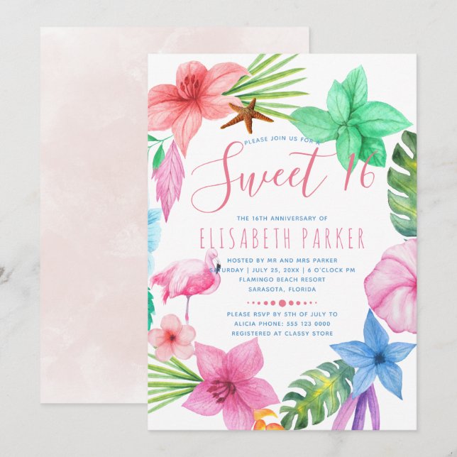 Hawaiian tropical pink floral wreath sweet sixteen invitation (Front/Back)