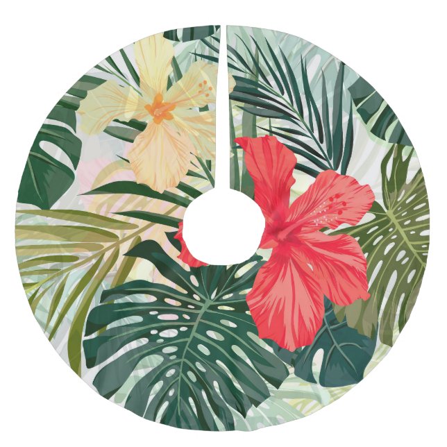 Hawaiian tropical plants, colourful flowers. brushed polyester tree skirt (Front)