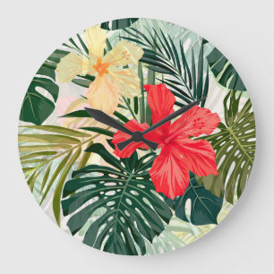 Hawaiian tropical plants, colourful flowers. large clock