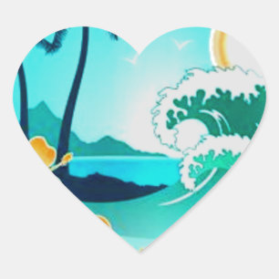 HAWAIIAN TROPICAL SURF ART HEART STICKER