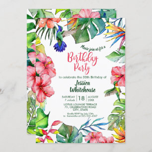 Hawaiian Tropical Watercolor Flowers Birthday Invitation