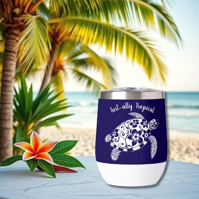 Hawaiian Turtle-Fisherman Aesthetic-Dark Blue (Hawaiian Turtle-Tropical Flowers, Elegant Tribals, summer, beach, fisherman aesthetic, wine tumbler)