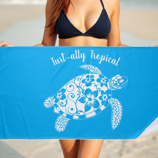Hawaiian Turtle Fisherman Aesthetic Light Blue Beach Towel (Hawaiian Turtle-Tropical Flowers, Elegant Tribals, summer, beach, fisherman aesthetic, Beach Towel)
