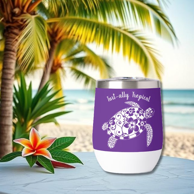 Hawaiian Turtle-Fisherman Aesthetic-Purple (Hawaiian Turtle-Tropical Flowers, Elegant Tribals, summer, beach, fisherman aesthetic, wine tumbler)