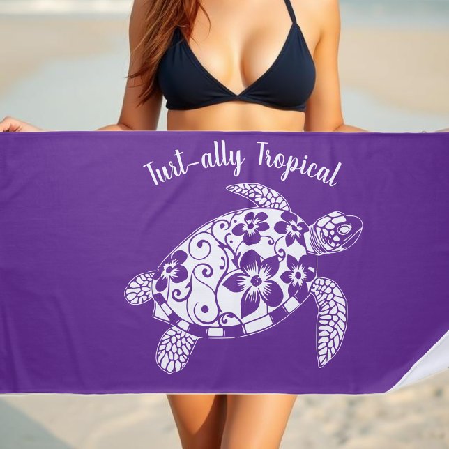 Hawaiian Turtle Fisherman Aesthetic Purple Beach Towel (Hawaiian Turtle-Tropical Flowers, Elegant Tribals, summer, beach, fisherman aesthetic, Beach Towel)