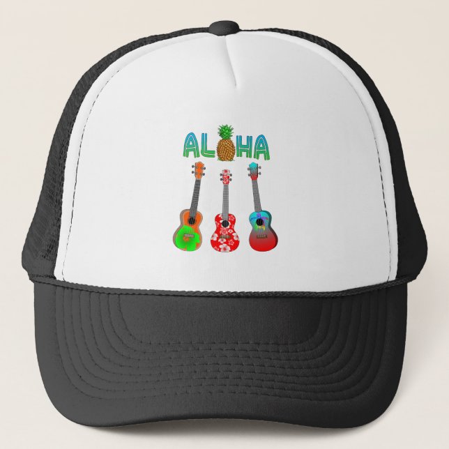 Hawaiian Ukulele Aloha Hawaii Trucker Hat (Front)