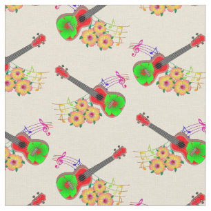 Hawaiian Ukulele Hibiscus Flowers Fabric