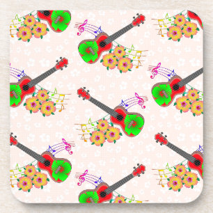 Hawaiian Ukulele Hibiscus Flowers Floral Coaster