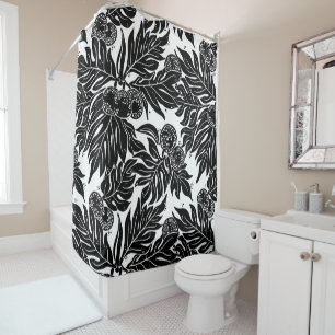 Hawaiian ulu breadfruit black and white shower curtain