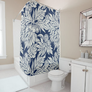 Hawaiian ulu breadfruit navy shower curtain