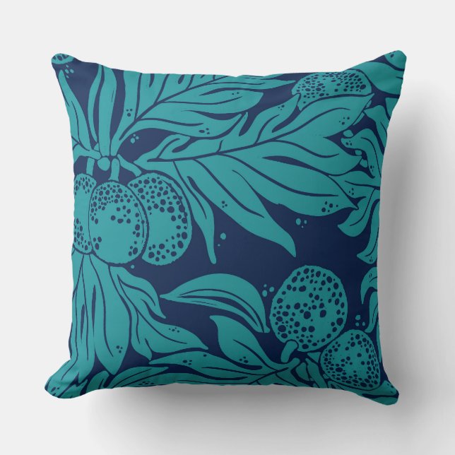 Hawaiian Ulu Breadfruit Pattern Teal on Navy Cushion (Front)