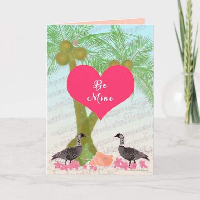 Hawaiian Valentine-Hawaiian Nene geese, palm trees Holiday Card (Front)