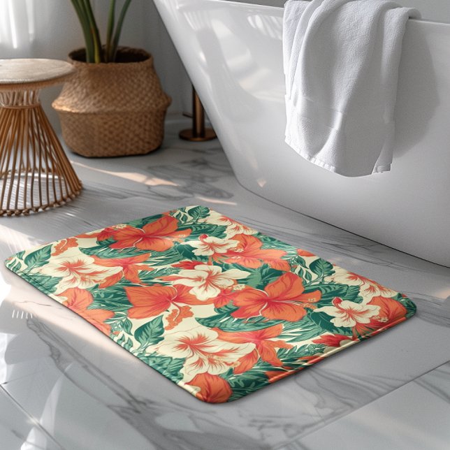 Hawaiian vibe aesthetic tropical flowers pattern bath mat (Creator Uploaded)