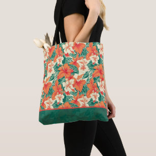 Hawaiian vibe colorful tropical flowers pattern tote bag