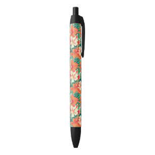 Hawaiian vibe colourful tropical flowers pattern black ink pen