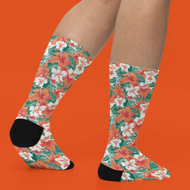 Hawaiian Vibe Orange White Tropical Flowers Socks (Creator Uploaded)