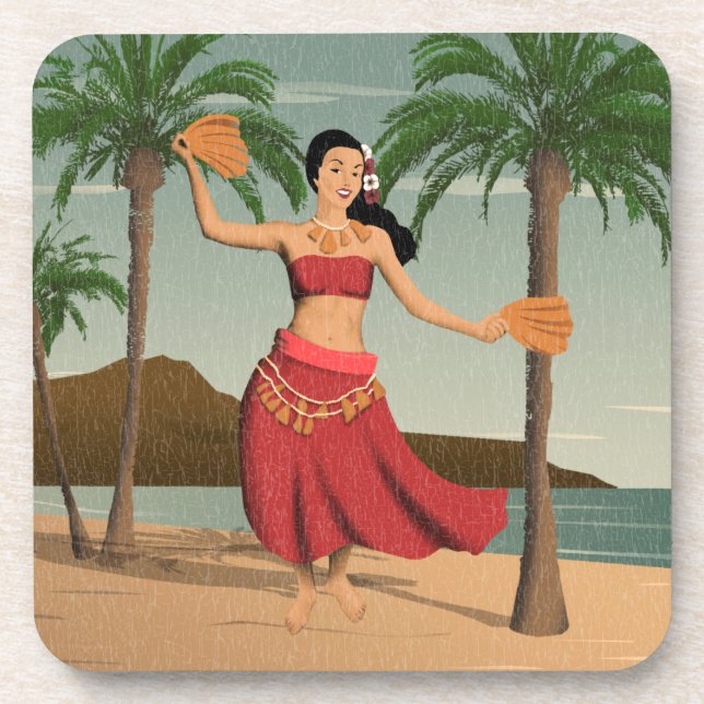 Hawaiian Vintage Hula Girl Distressed Postcard Coaster (Front)