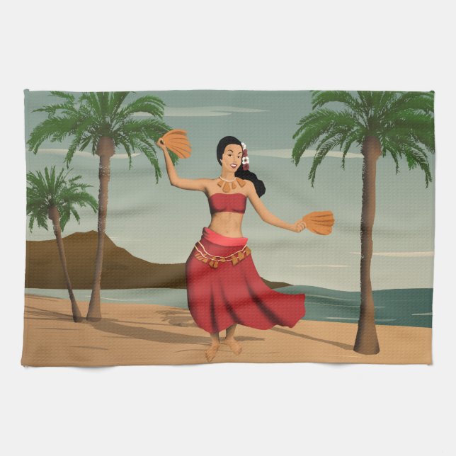 Hawaiian Vintage Hula Girl Postcard Tea Towel (Horizontal)