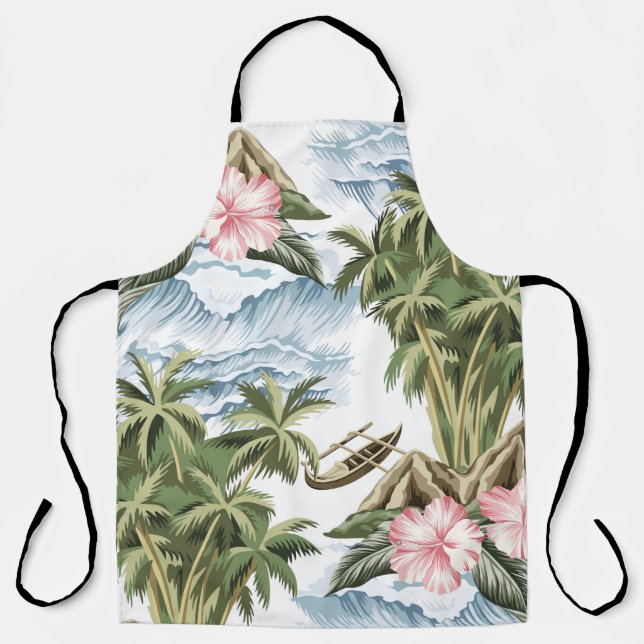 Hawaiian vintage island,  palm tree,  boat,  pink  apron (Front)