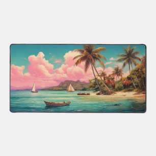 Hawaiian vintage island, palm tree, boat, pink desk mat