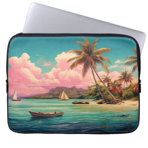 Hawaiian vintage island, palm tree, boat, pink laptop sleeve