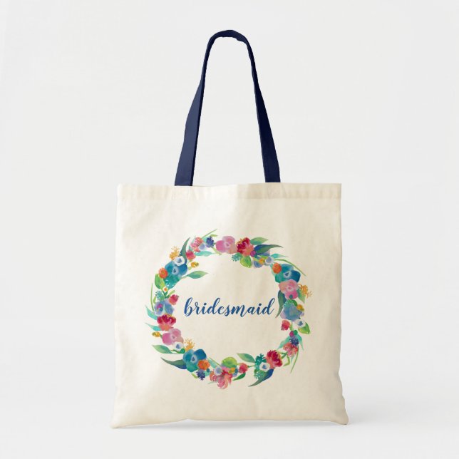 Hawaiian watercolor wreath bridesmaid wedding tote bag (Front)