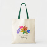 Hawaiian Wedding Theme Hibiscus Bridesmaid Tote Bag<br><div class="desc">Hibiscus flowers personalised tote bag for the bridesmaid,  or any member of the bridal party.  Pretty floral print in pink,  blue,  purple and green,  with long leaves decorate this cloth bag.  Customise two lines of template text with her name and title.</div>