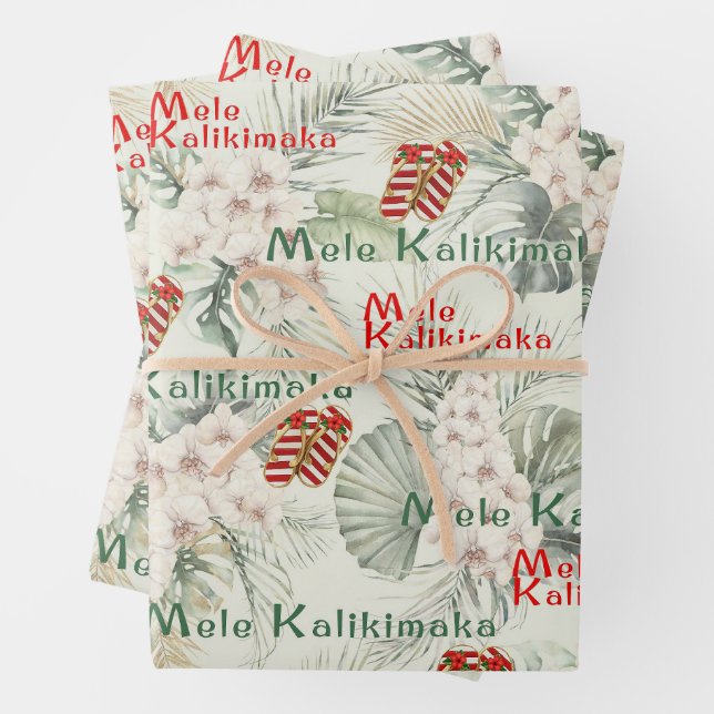 Hawaiian White Orchid Mele Kalikimaka Gift Wrap (In situ)