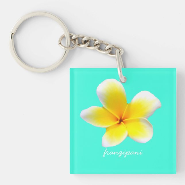 Hawaiian white plumeria flower  frangipani key ring (Front)