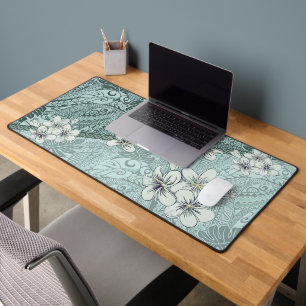 Hawiian Seafoam Green Tapa and Plumeria Desk Mat