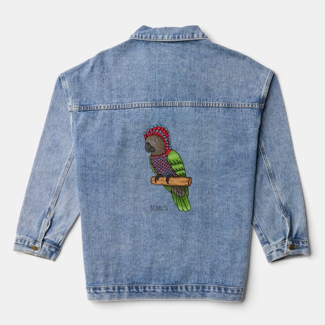 Hawk headed parrot bird cartoon illustration  denim jacket (Back)
