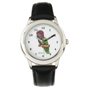Hawk headed parrot bird cartoon illustration watch