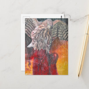 Hawk in a red dress fantasy collage postcard
