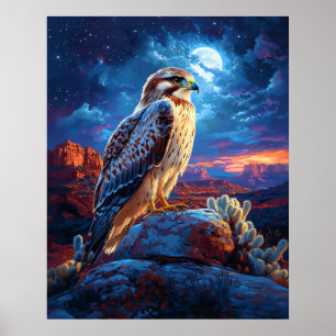 Hawk in the Desert Under a Full Moon Poster