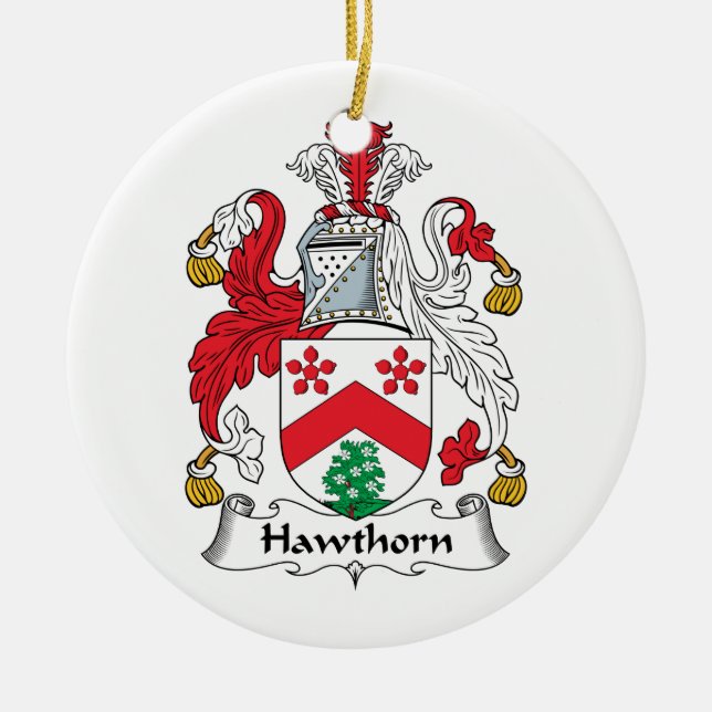 Hawthorn Family Crest Ceramic Tree Decoration (Front)