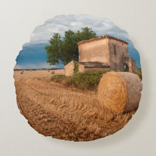 Hay bale in Provence field Round Cushion (Front)