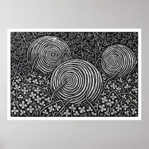 Hay Bales And Clover Large Linocut Print