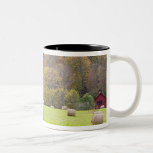 Hay bales and fall foliage on farm, Two-Tone coffee mug