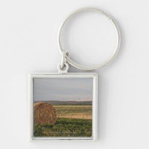 Hay Bales In A Field With Mountains At Sunrise Key Ring
