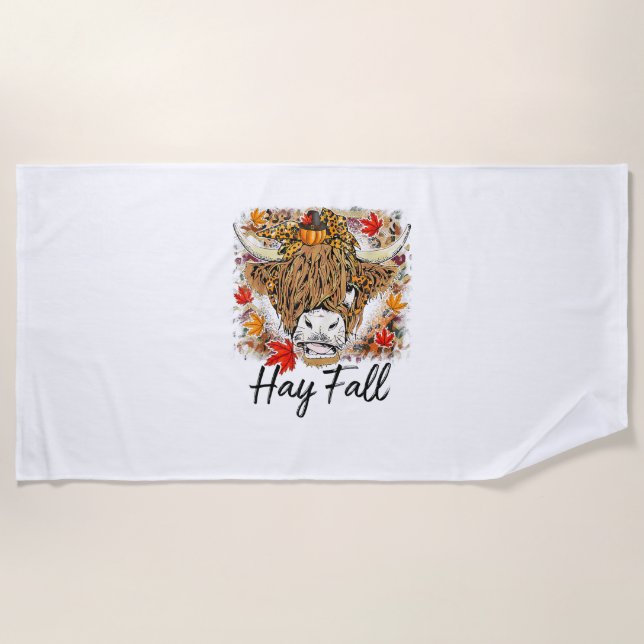 Hay Fall Highland Cow Leopard Thanksgiving Heifer  Beach Towel (Front)